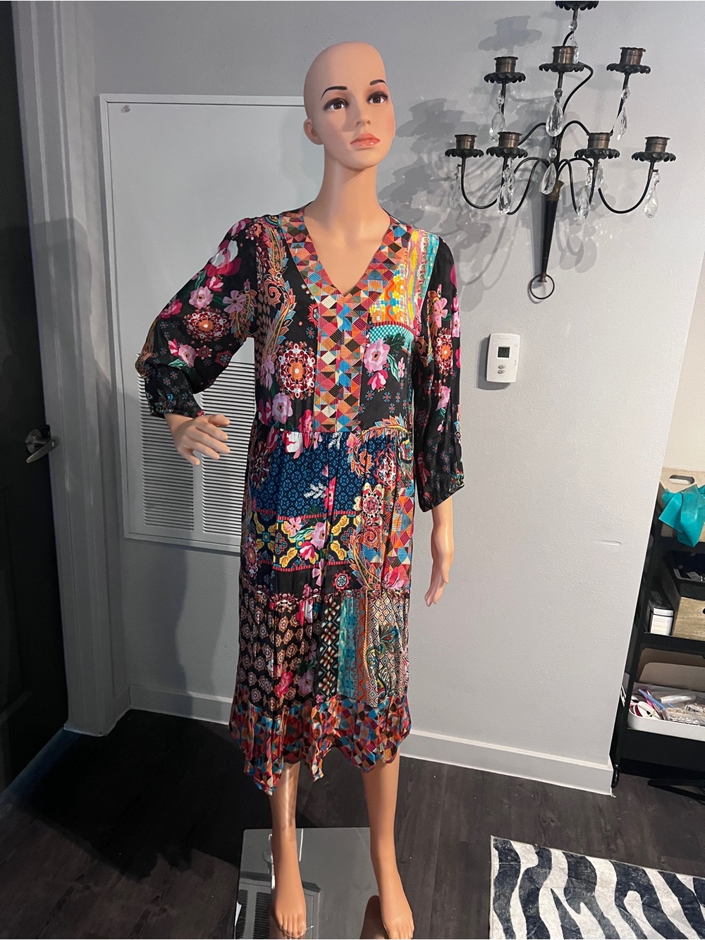 V-Neck Multicolor Patchwork Floral Midi Dress